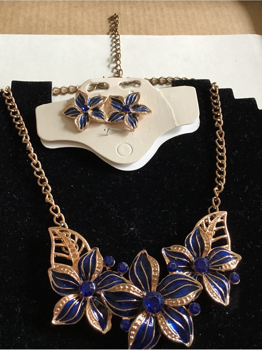 Gold-Tone Floral Necklace and Earring Set in Deep Blue